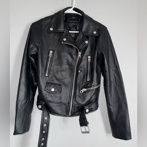Zara Black Leather Moto Jacket with Silver Accents